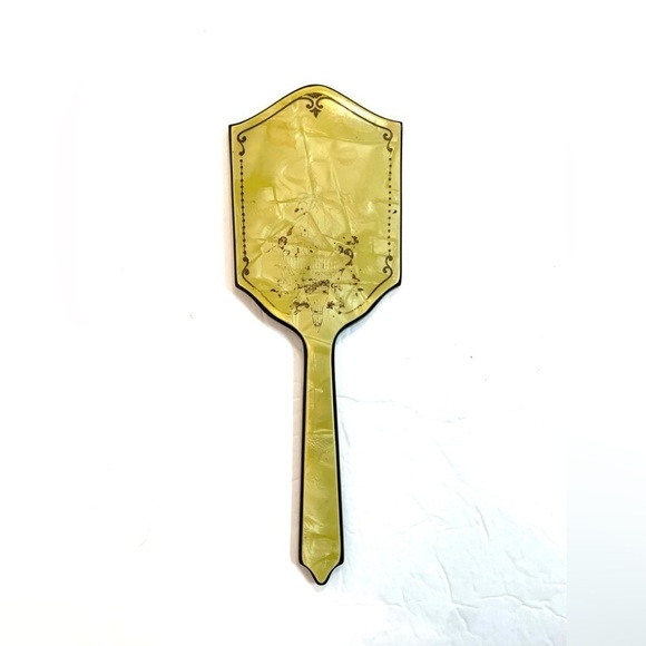 Vintage Beveled Vanity Hand Mirror Yellow Celluloid Art Deco Victorian - Picture 2 of 8